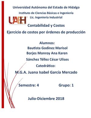 Uaeh Ejercicio Costos Por Órdenes De Producción