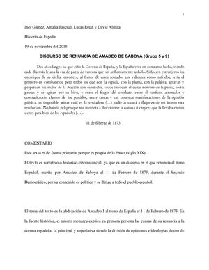 Comentario Renuncia De Amadeo De Saboya