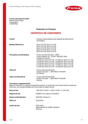 SE CER Conformity VDE 0126 1 1 2013 Fronius Symo 3 0 3 M 8 2 3 M DE EN FR