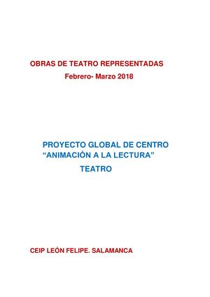 Obras Representadas Animación A La Lectura, El Teatro León Felipe Salamanca