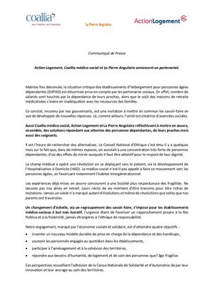 communiqué - rapprochement Coallia, Action logement et la Pierre angulaire
