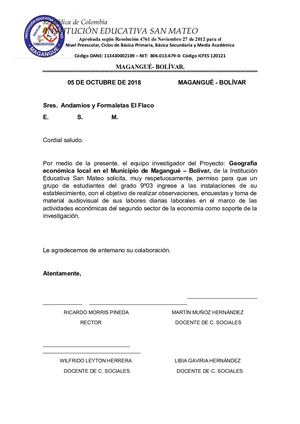 Carta Solicitud De Permiso A Empresas O  Entidades. Proyecto Geografía Económica Local En El Municipio De Magangué-Bolívar