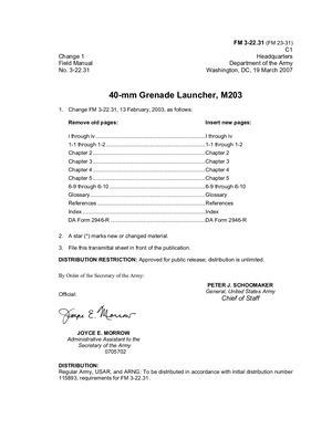 (e Book - English - Military) US Army - Field Manual FM 3 22 31 - 40 Mm Grenade Launcher, M203 Mar2007