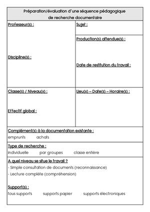 Préparation de Séquence - Fiche prof