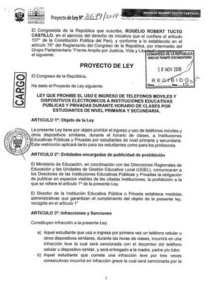 LEY QUE PROHIBE EL USO E INGRESO DE TELEFONOS MOVILES Y DISPOSITIVOS ELECTRONICOS A INSTITUCIONES EDUCATIVAS PUBLICAS Y PRIVADAS DURANTE HORARIO DE CLASES POR ESTUDIANTES DE NIVEL PRIMARIA Y SECUNDARIA.