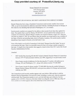Obama SSN Fraud Report - Fraudulent Use Of SSN 042 68 4425 And Selective Service Number Fraud By Susan Daniels Licensed PI