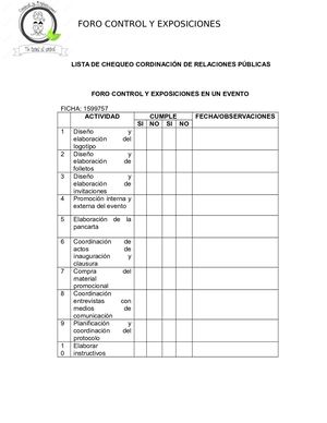 LISTA DE CHEQUEO CORDINACIÓN  RELACIONES PUBLICAS