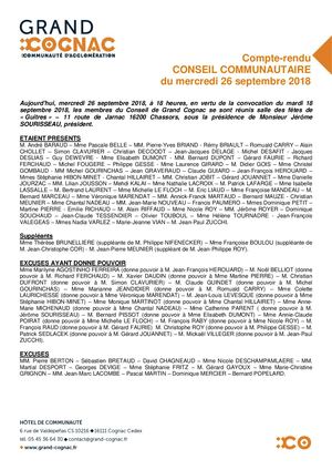 Compte-rendu et décisions du Conseil communautaire de Grand Cognac - 26 septembre 2018