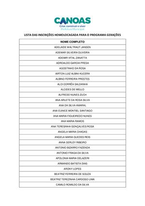 Lista das Inscrições Homologadas para o Programa Gerações