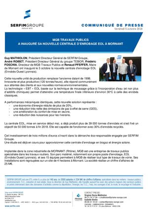 COMMUNIQUÉ SERFIM - MGB TRAVAUX PUBLICS A INAUGURÉ SA NOUVELLE CENTRALE D'ENROBAGE EOL À MORNANT