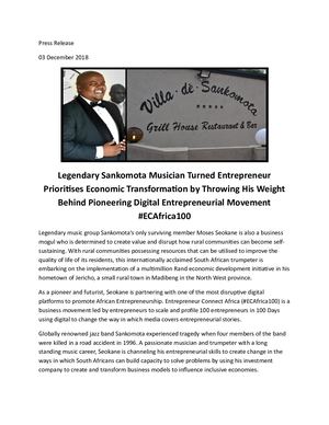 Press ReleLegendary Sankomota Musician Turned Entrepreneur Prioritises Economic Transformation by Throwing His Weight Behind Pioneering Digital Entrepreneurial Movement #ECAfrica100