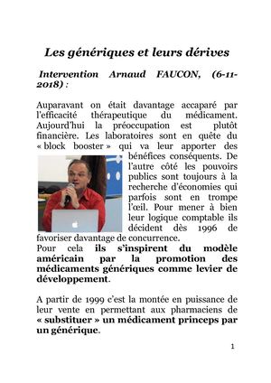 Intervention Arnaud Faucon sur les Génériques