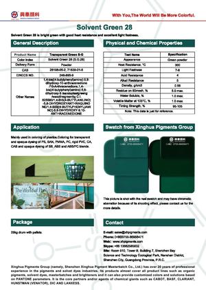 Solvent dyes, solvent green 28 (S.G.28) from Xinghua Pigments Group