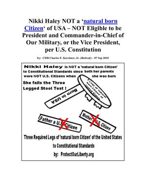 Nikki Haley Is Not A Natural Born Citizen Of USA To Constitutional Standards