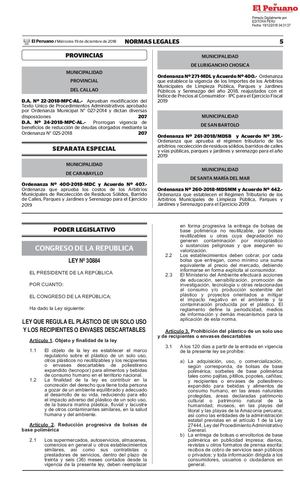 Ley Que Regula Los Plásticos De Un Solo Uso y los recipientes o envases descartables