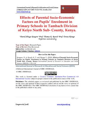 Effects Of Parental Socio Economic Factors On Pupils’ Enrolment In Primary Schools In Tambach Division Of