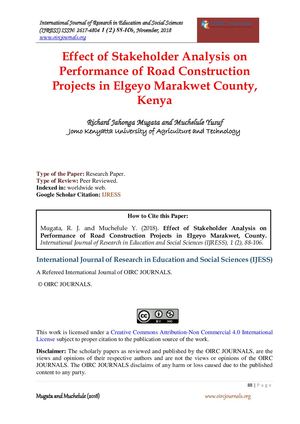 Effect Of Stakeholder Analysis On Performance Of Road Construction Projects In Elgeyo Marakwet County