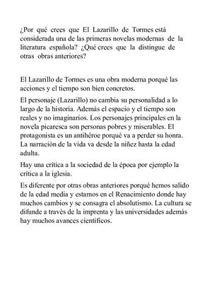 Por Qué Crees Que El Lazarillo De Tormes Está Considerada Una De Las Primeras Novelas Modernas De La Literatura Española