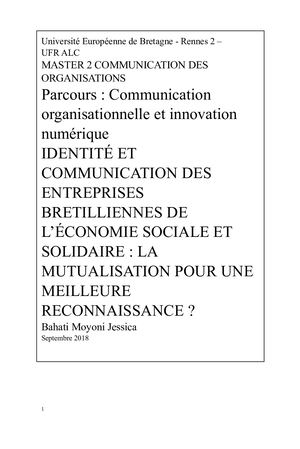 Mémoire De Fin D'études Identité Et Communication Des Entreprises De L'économie Sociale Et Solidaire