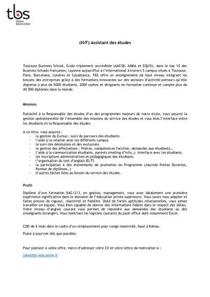 TBS Recrutement Assistant Etudes Bachelor