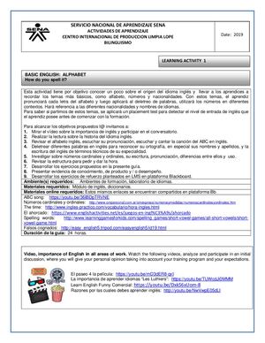 Learnng Activity One Basic English Topics