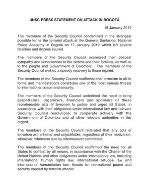 UNSC Press Statement on attack in Bogota