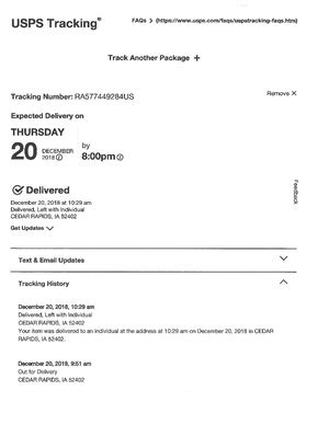 USPS TRACKING: 'DELIVERED' - MEDIACOM ON DECEMBER 20TH, 2018