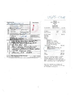 'DELIVERED' on 01-17-2019 of USPS Registered mail 'RE 783 870 275 US' sent to DUPACO COMMUNITY CREDIT UNION on January 16, 2019