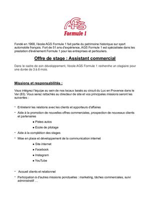 [B3 PGI et B3 MS ] Offre De Stage AGS F1 - assistant commercial et communication anglophone