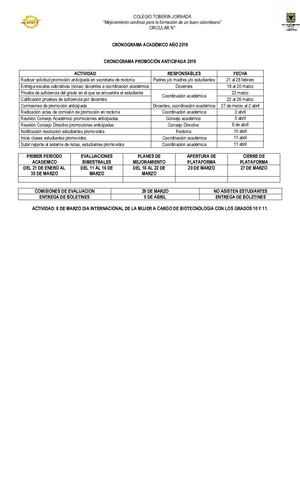 Cronograma Periodos, Promocion Anticipada 2019