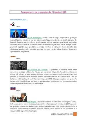 Programme Tv De La Semaine Du 21 Janvier 2019