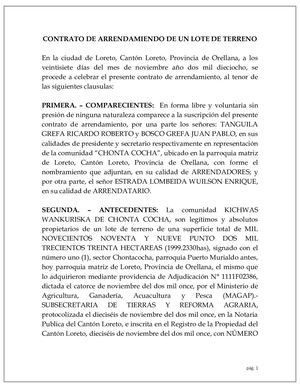 Contrato De Arrendamiendo De Un Lote De Terreno