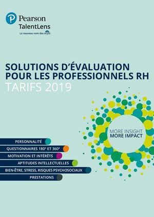 Catalogue Tarifs des Solutions RH 2019 Pearson TalentLens