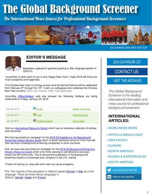 Global Background Screener - Volume 34, December/January 2019