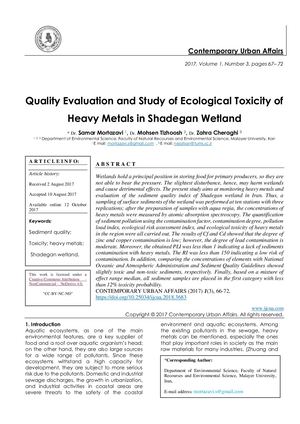 Quality Evaluation and Study of Ecological Toxicity of  Heavy Metals in Shadegan Wetland