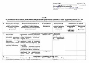 План по устранению недостатков, выявленных в ходе независимой оценки качества условий оказания услуг на 2019 год