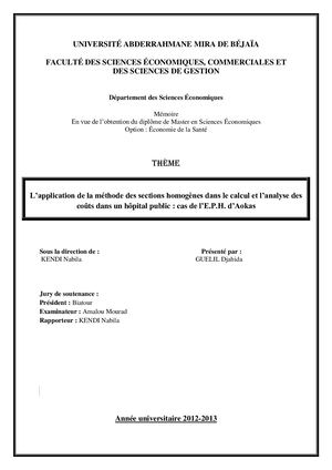 L’application De La Méthode Des Sections Homogènes Dans Le Calcul Et L’analyse Des Coûts Dans Un Hôpital Public