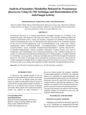 Analysis Of Secondary Metabolites Released By Pseudomonas Fluorescens Using GC MS Technique And Determination Of Its Anti Fungal Activity .