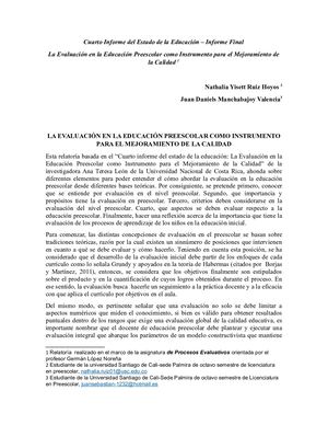Cuarto Informe del Estado de la Educación – Informe Final La Evaluación en la Educación Preescolar como Instrumento para el Mejoramiento de la Calidad