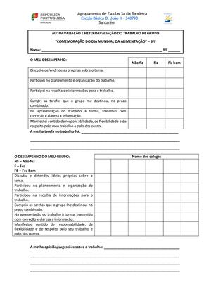 Avaliação do Trabalho Grupo Alimentação