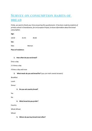 Survey On Consumption Habits Of Bread