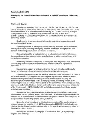 UNSC Resolution S/2019/173 - Yemen