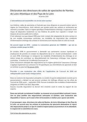 Declaration Directeurs Salles De Spectacles Nantes Pays De Loire Loire Atlantique