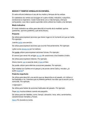 Modos Y Tiempos Verbales En Español