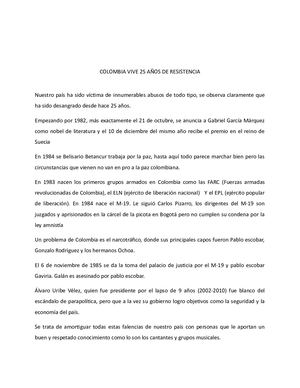 Colombia Vive 25 Años De Resistencia