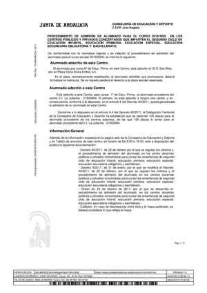 PROCEDIMIENTO DE ADMISIÓN DE ALUMNADO PARA EL CURSO 2019/2020
