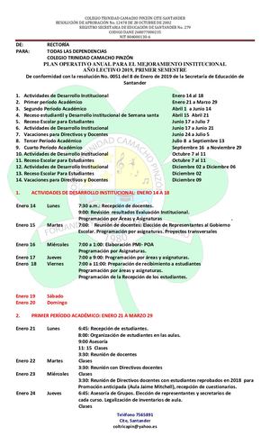 Calendario Primer Semestre 2019