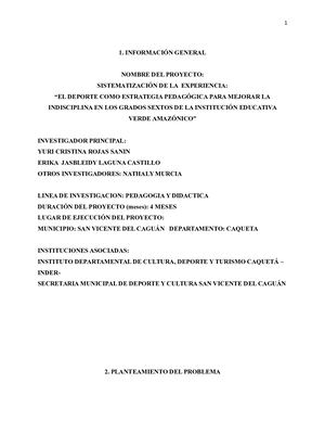 SISTEMATIZACIÓN DE LA  EXPERIENCIA: “EL DEPORTE COMO ESTRATEGIA PEDAGÓGICA PARA MEJORAR LA INDISCIPLINA EN LOS GRADOS SEXTOS DE LA INSTITUCIÓN EDUCATIVA VERDE AMAZÓNICO”