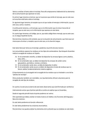 Vamos A Analizar El Texto Sobre El Reciclaje