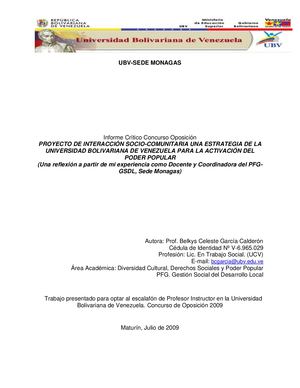 PROYECTO DE INTERACCIÓN SOCIO-COMUNITARIA UNA ESTRATEGIA DE LA UNIVERSIDAD BOLIVARIANA DE VENEZUELA PARA LA ACTIVACIÓN DEL PODER POPULAR